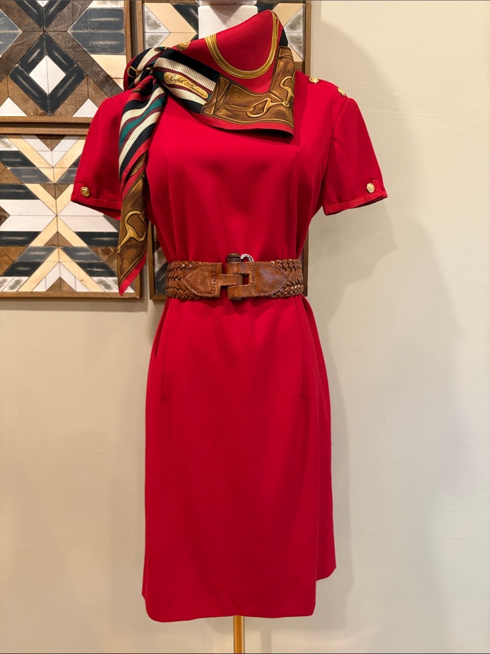 Vintage Ralph Lauren Blue Label 80s Red Shift Dress with Gold Buttons size 4